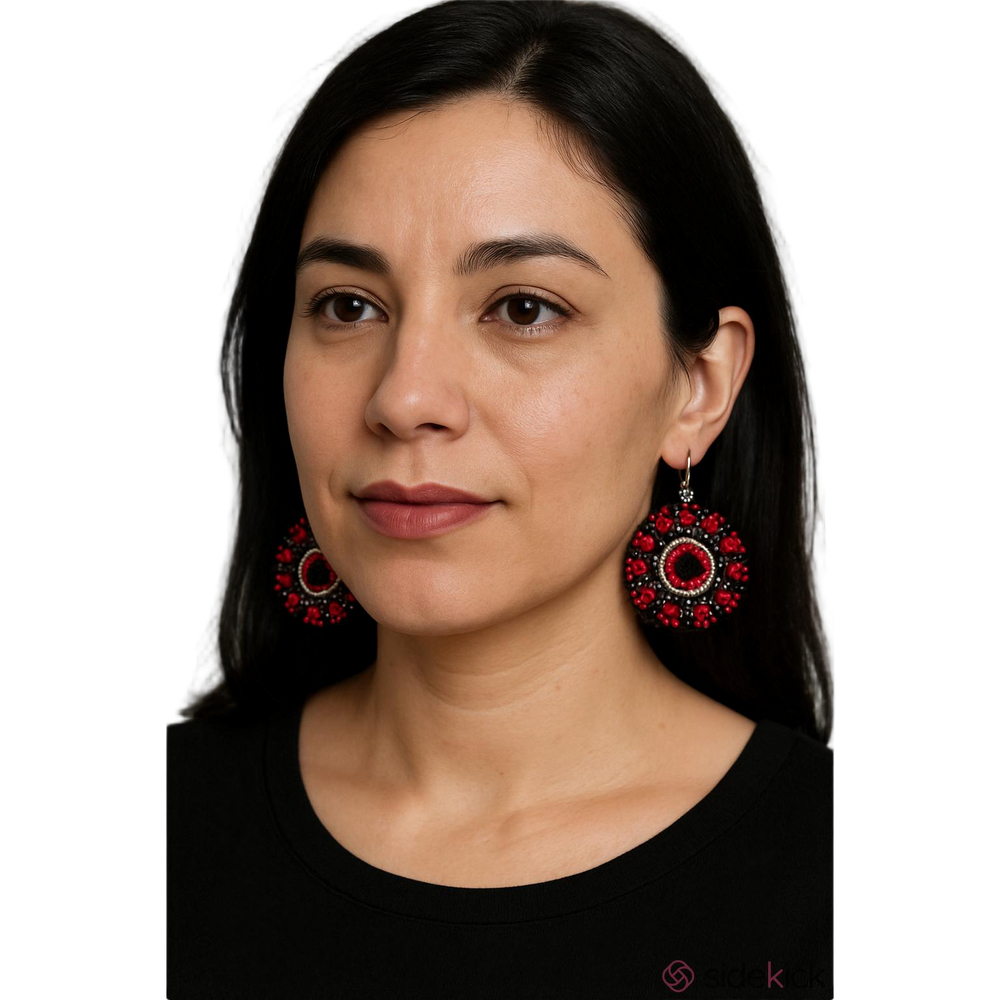 Handcrafted Red Black Silver Bead Earrings 925 Hooks